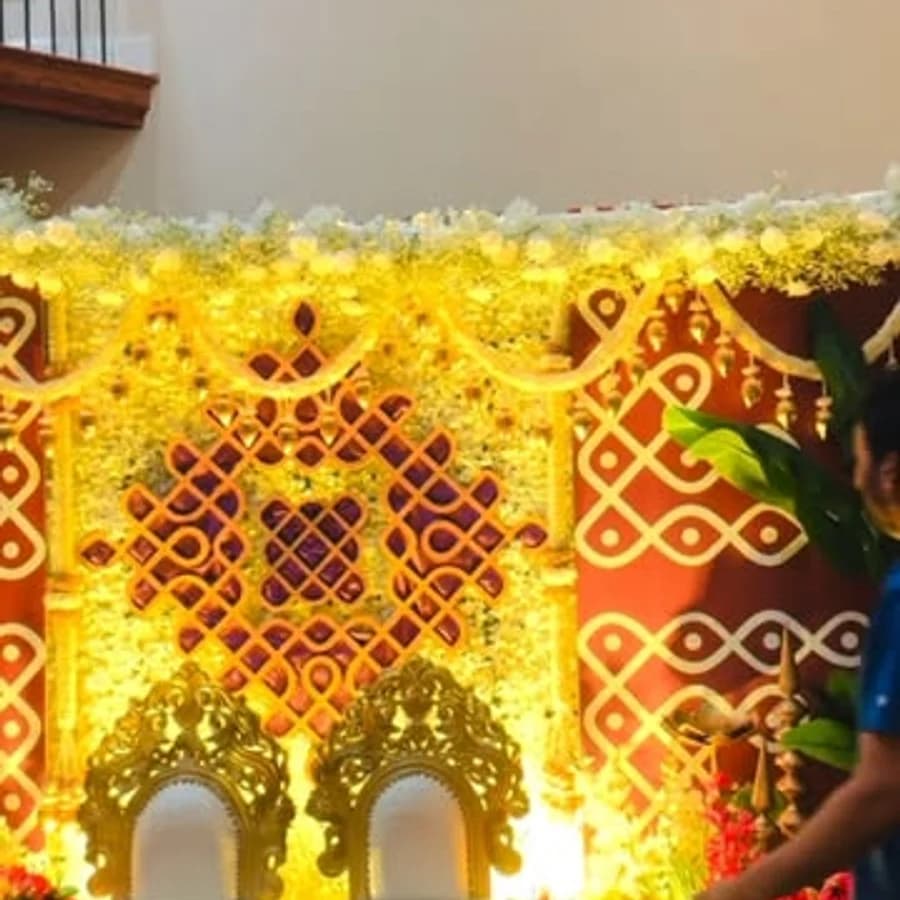 Colorful floral ceremony stage at Soaring Heights