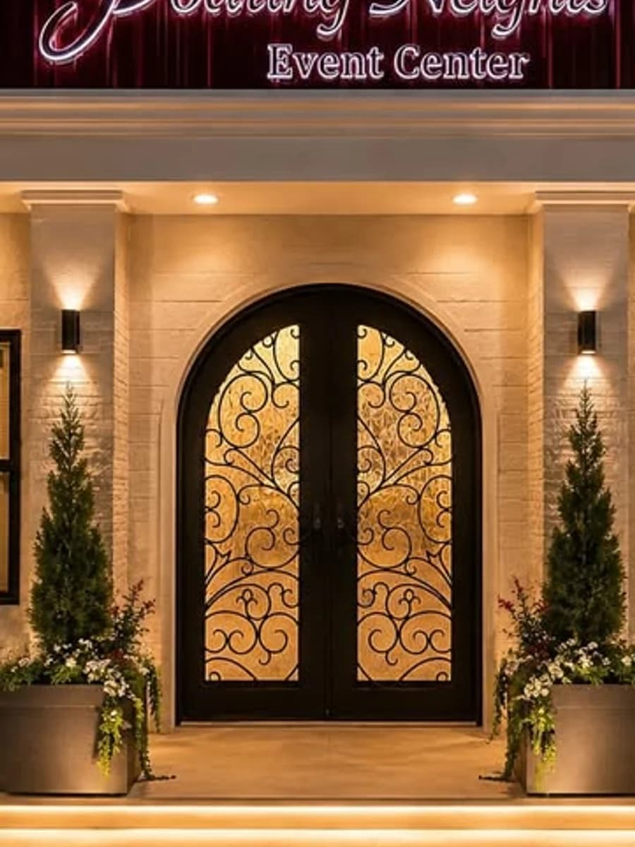 Illuminated entrance to Soaring Heights Event Center